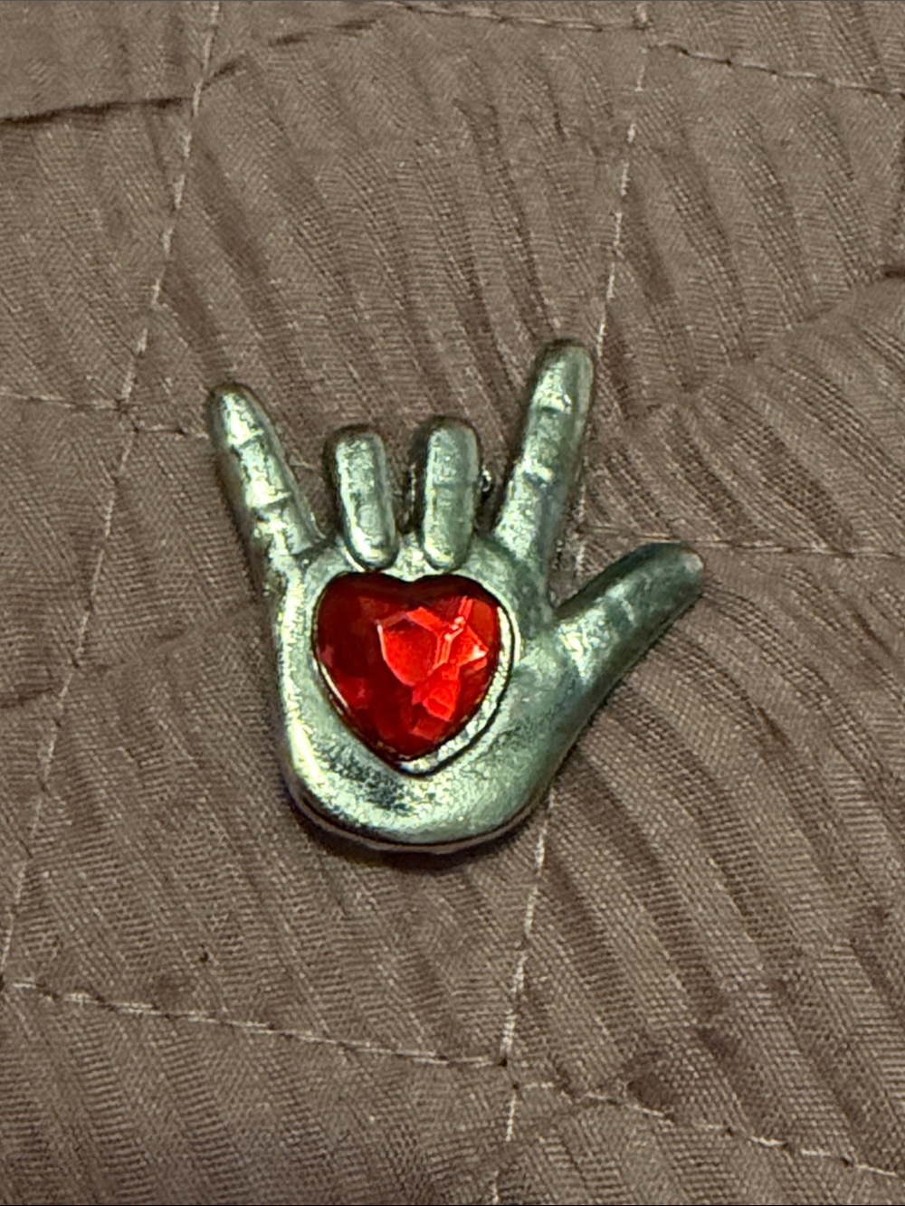 I love you Hand Brooch with Red Heart Gem